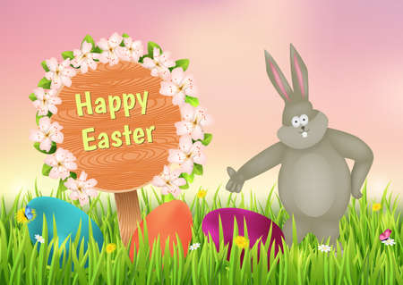 Easter bunny and eggs on the meadow vector illustration.のイラスト素材