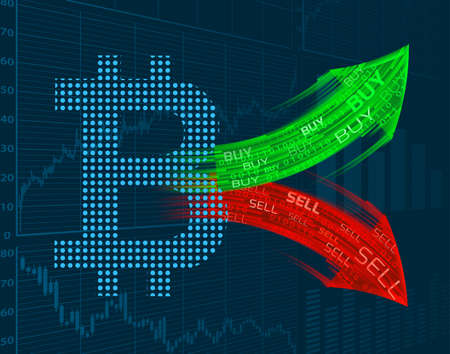 Bitcoin symbol and arrows with inscriptions buy and sell Vector illustration.のイラスト素材