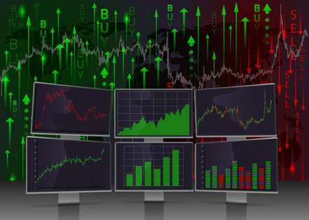 Monitors with stock charts.Vector illustration.のイラスト素材