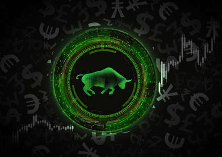 Bull market concept.Dark background with currency symbols.のイラスト素材