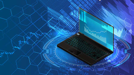 Isometric laptop and charts.Analysis trends and software development.Vector illustration.のイラスト素材