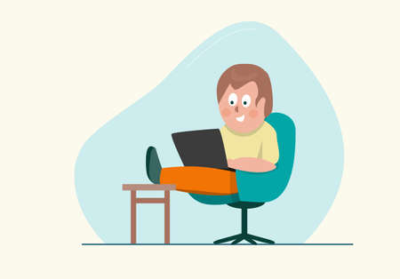 Man with laptop sitting on the chair. Vector illustration in flat style.のイラスト素材