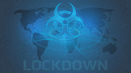 Global lockdown concept.World map and and the biohazard symbol.Vector illustration.
