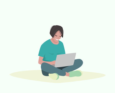 Woman sitting on the floor with laptop.Vector illustration.のイラスト素材