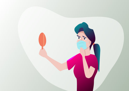 Woman in medical mask looks at herself in the mirror.Vector illustration.のイラスト素材