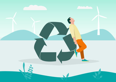Recycling symbol and man.Zero waste concept.Vector illustration in flat style.のイラスト素材