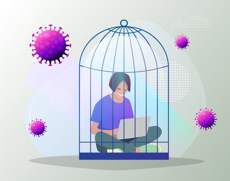 Woman in a cage by viruses.Quarantine concept during a pandemic.Vector illustration.のイラスト素材
