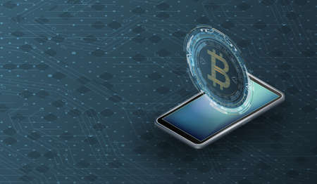 Bitcoin symbol and smartphone.Cryptocurrency payments and digital money concept.Vector illustration.のイラスト素材