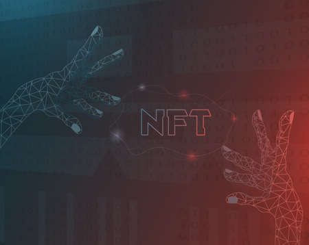 Nft non fungible token concept with two abstract hands. Vector illustration.のイラスト素材