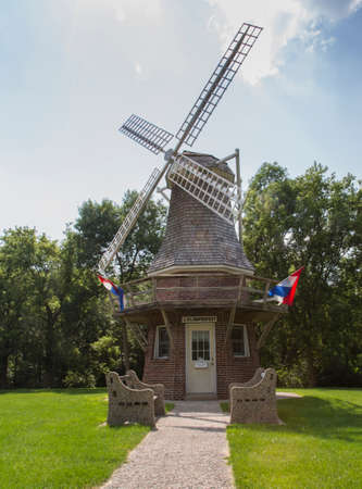 Dutch Wildmill in a remote Wisconsin Town highlighting their trasition with the sign  Klompenfest  の写真素材