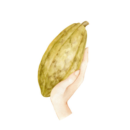 Watercolor illustration of a hand and a cocoa bean. The elements are hand drawn and isolated on a white background.の写真素材