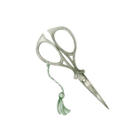 Scissors with brush watercolor illustration. The illustration is hand drawn in watercolor and...