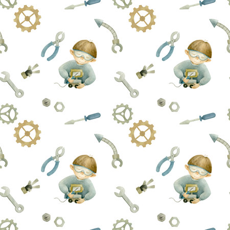 Watercolor seamless pattern on the theme of robotics, robots, childrens craftsの写真素材
