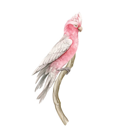 Pink cockatoo on a branch hand drawn in watercolor and isolated.の写真素材