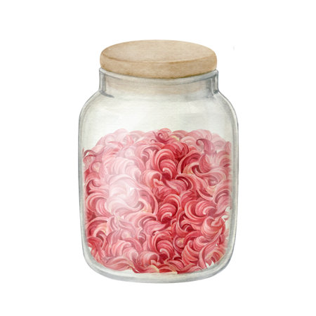 Hibiscus dried petals in a glass jar watercolor illustration isolated from background.の写真素材