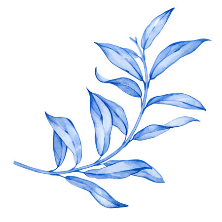 Branch with leaves in blue. Watercolor illustration hand drawn and isolated. Blue floral element for your projectsの写真素材