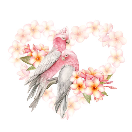Tropical birds among tropical flowers watercolor illustration isolated from background.の写真素材