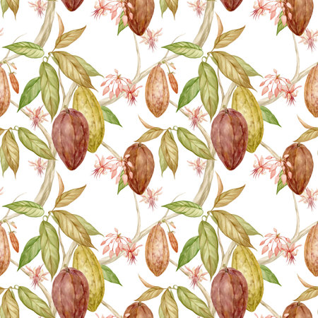 Seamless pattern with cocoa tree fruits and cocoa flowers. All elements are hand-drawn in watercolor and isolated from the background.の写真素材