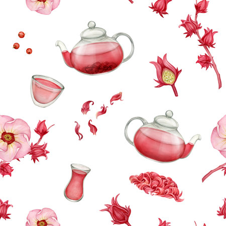 Hibiscus tea, Sudanese rose, Turkish tea glass, flowers in a seamless pattern of watercolor illustrationsの写真素材