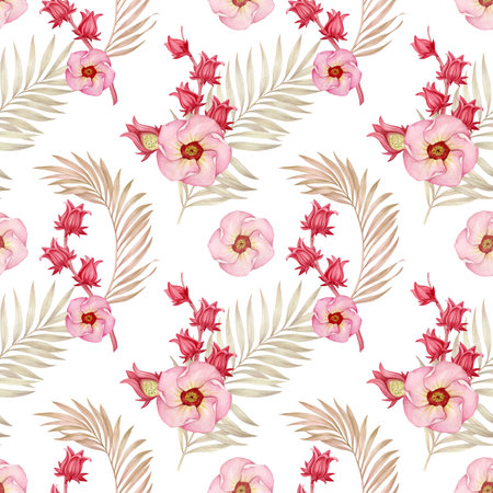 Tropical leaves and flowers of Sudanese rose in a seamless pattern. Pattern of pink flowers.の写真素材