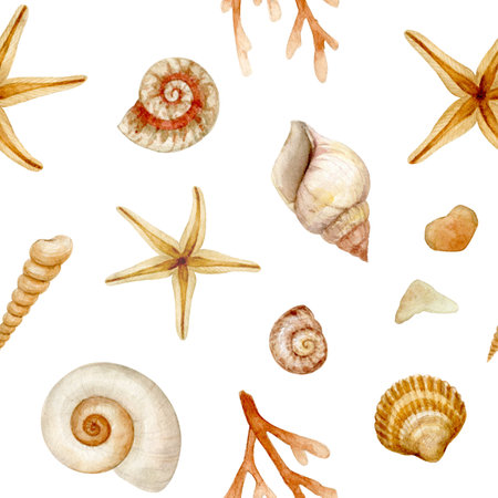 Seashells, corals, starfish - Marine seamless pattern for textile, wrapping and packaging