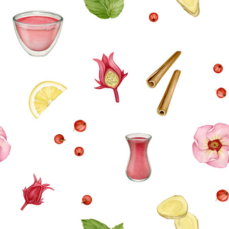 Cinnamon sticks, ginger slice, lemon, mint and rand red tea Watercolor illustrationsの写真素材