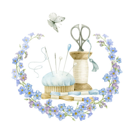 Needlework. Composition with sewing and embroidery tools and flowers.の写真素材