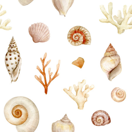 Seashells and corals in a seamless pattern. Watercolor illustration isolated from background.の写真素材