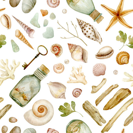 Shells, driftwood, pearls, starfish, corals, algae - a collection of underwater in a seamless pattern.の写真素材