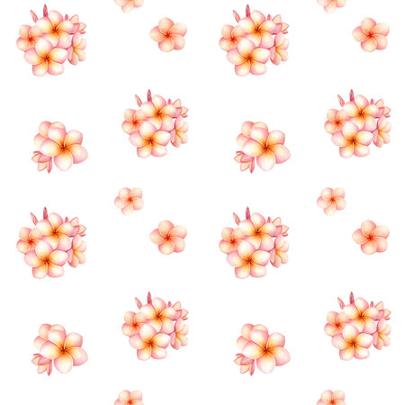 Plumeria pink tropical flowers and palm leaves in a seamless pattern.の写真素材