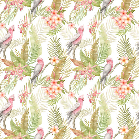 Pink cockatoo parrots and tropical plants in a seamless pattern for packaging or textile. Watercolor illustration hand drawn and isolated on a white backgroundの写真素材