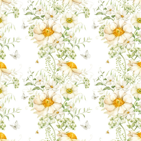 Watercolor flowers in light colors. Seamless pattern with herbs and summer flowers.の写真素材