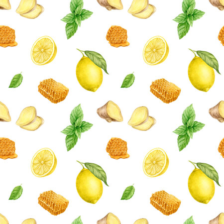 Lemon, honey, ginger and mint in a seamless pattern. All elements are hand-drawn in watercolor, isolated from the background. Healthy, medicinal, natural products in a pattern for food designの写真素材