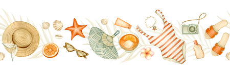 Beach accessories and palm leaves in seamless border. Watercolor illustrations, hand drawn and isolated. Summer vacation vibe in vintage style for travel blog, seasonal design, printの写真素材