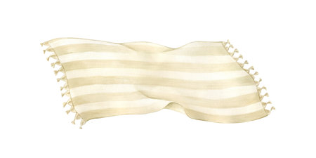 Beach blanket or towel in stripes Watercolor illustration hand drawn and isolated from background. Perfect for use in textile design, packaging, branding, beach accessories, boho lifestyle visualsの写真素材