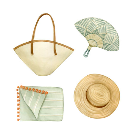 Straw hat, beach bag, towel and fan - a set of beach accessories in boho style. Watercolor illustration hand drawn and isolated on a white background. Womens items for seasonal packaging and printed.の写真素材