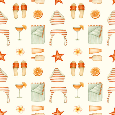 Seamless summer pattern with beach accessories, beachwear, cocktails, plumeria flower and starfish....