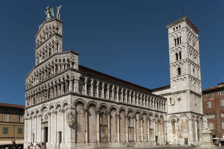full view of the cathedral of Lucca in Tuscany Italyの写真素材
