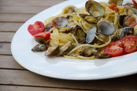 close-up of spaghetti with clams seafoodの写真素材