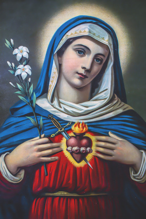 The Heart of Virgin Mary. Typical catholic image (in my own home) printed in Germany from the end of 19. cent. originally by unknown painter.のeditorial素材