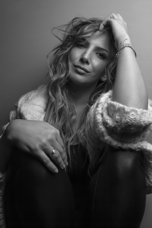 Beauty Portrait Female Posing in Studio with naked sholderの写真素材