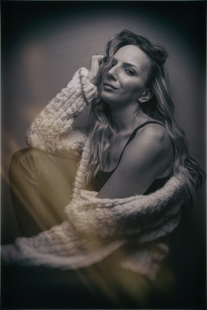 Beauty Portrait Female Posing in Studio with naked sholderの写真素材