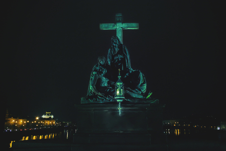 Statue of Lamentation of Christ on Charles Bridge, Statue of PietÃ , Charles Bridge at night