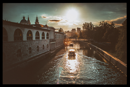 Romantic Ljubljana city center, Slovenia,Triple Bridgeの写真素材
