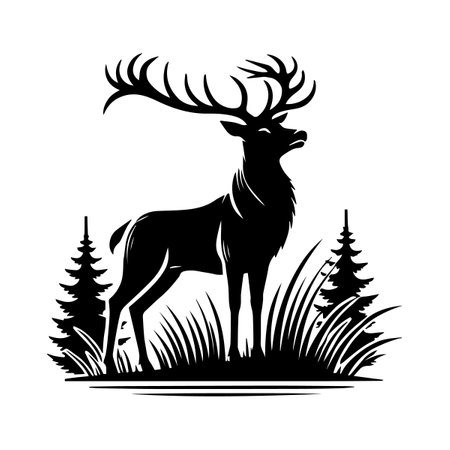 Deer in the forest. Silhouette. Vector illustration.のイラスト素材