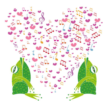 Two frogs on a background of hearts. Template Valentine greeting cards. The musical notes in the shape of a heart. Heart made of musical notes. Doodle Hearts. Valentine's day cards.のイラスト素材