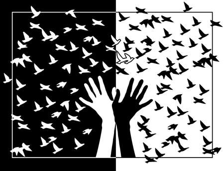 Black and white hands with birds in the frameのイラスト素材