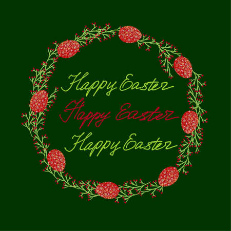 Elegant Easter greeting card with floral wreath and colorful eggs.のイラスト素材