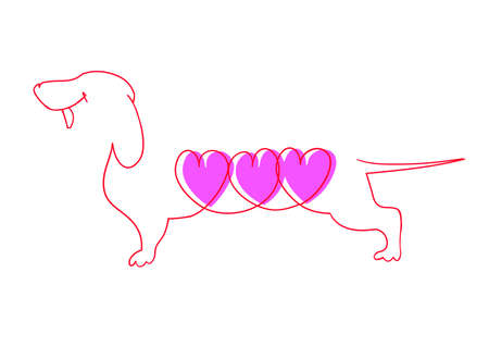 Line drawing of the Dachshund with three pink hearts.のイラスト素材