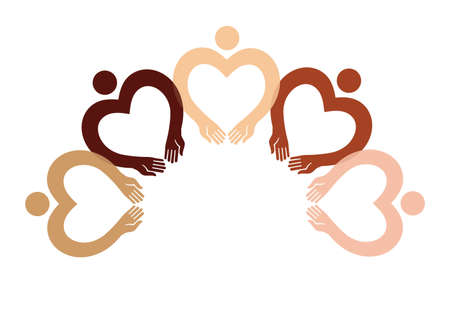 Five pictographs of human figures in the shape of a heart with a different color skin.のイラスト素材